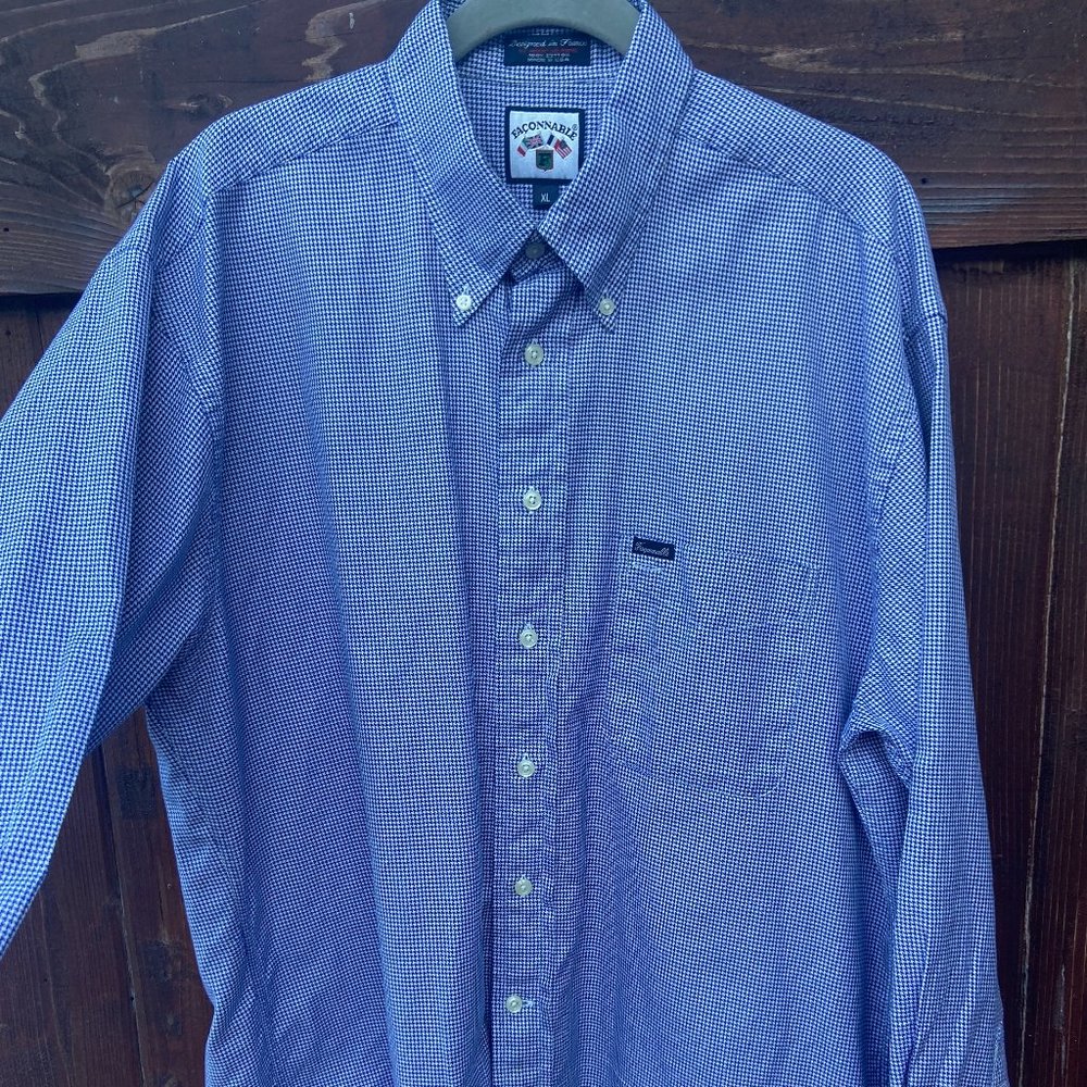 Faconnable Mens Button Down 100% Cotton Casual Dress Shirt Blue & White Check XL